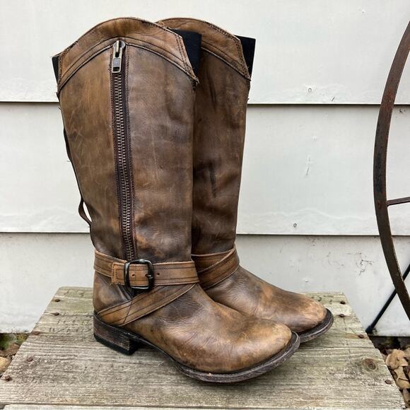 Stetson Shoes - Stetson Brown Strappy Leather round toe side zip riding cowgirl western boots